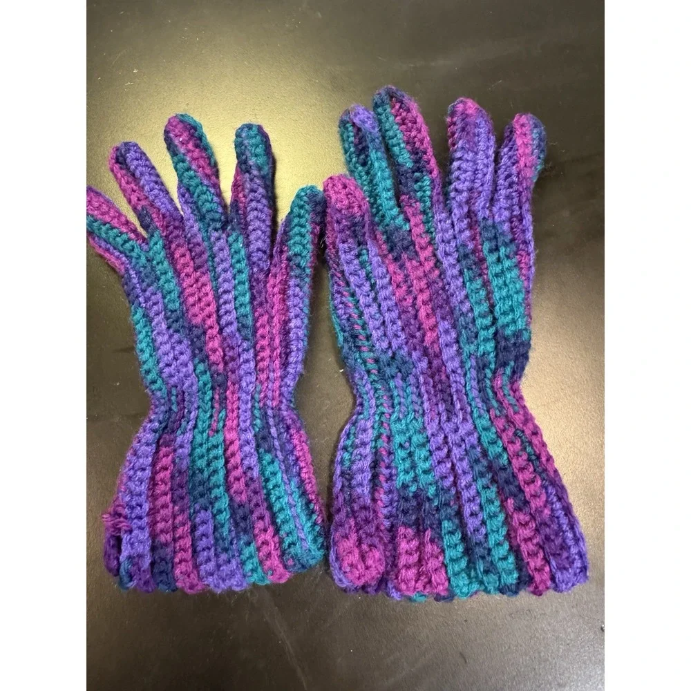 Purple with green pink stripe winter knit home‎ Gloves Handmade
